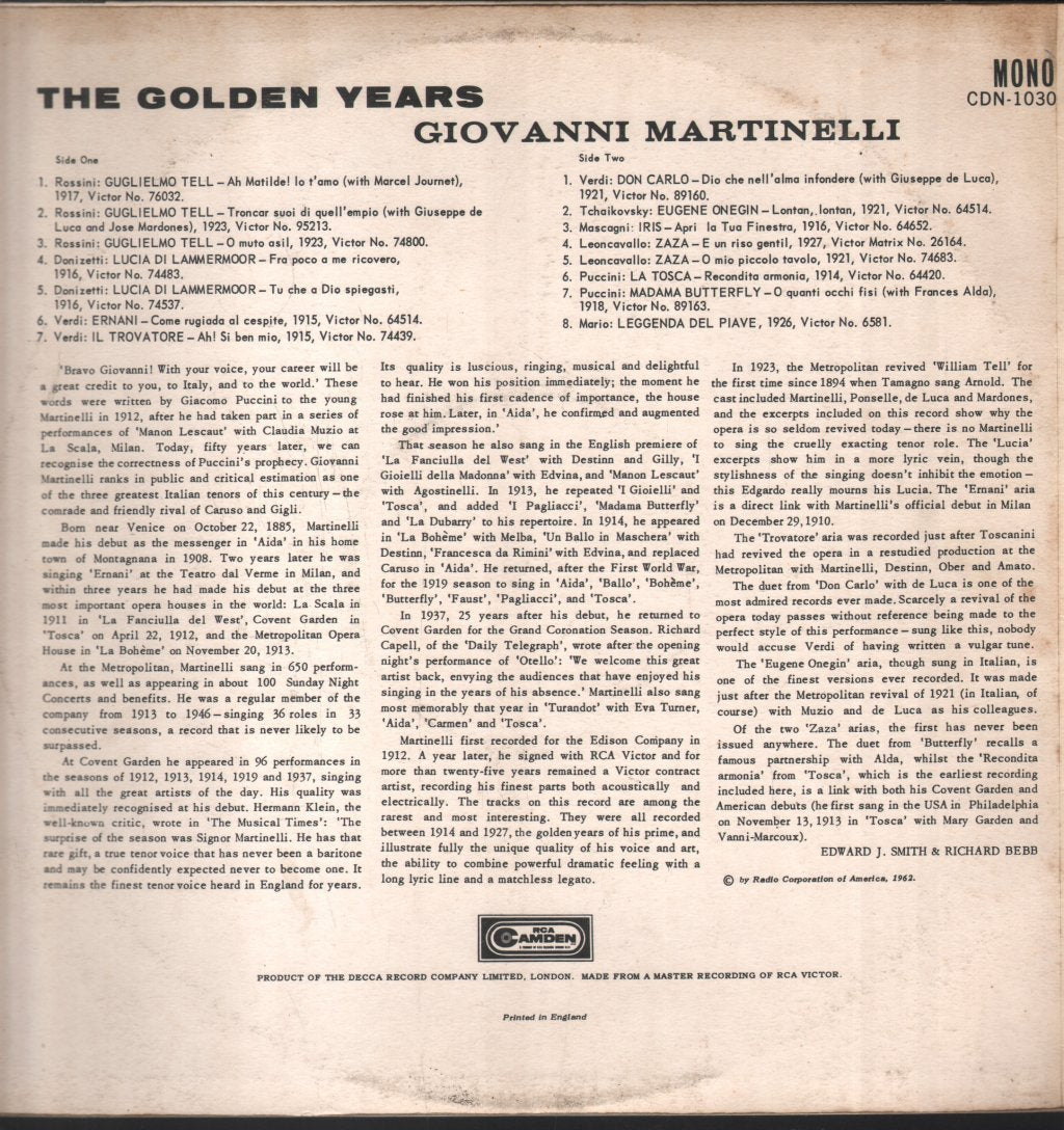 Giovanni Martinelli - Golden Years - Lp