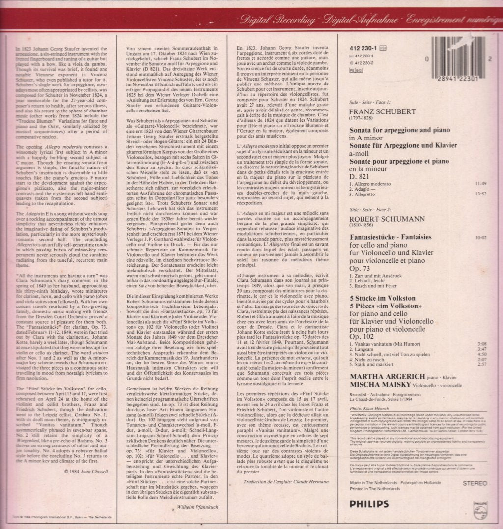 Martha Argerich mischa maisky - schubert Sonata for Arpeggione schumann Fantasiestucke Op. 73 - Lp
