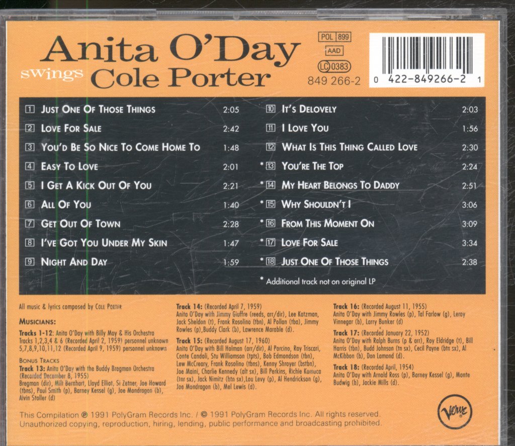 Anita O'Day with Billy May - Anita O'Day Swings Cole Porter With Billy May - Cd