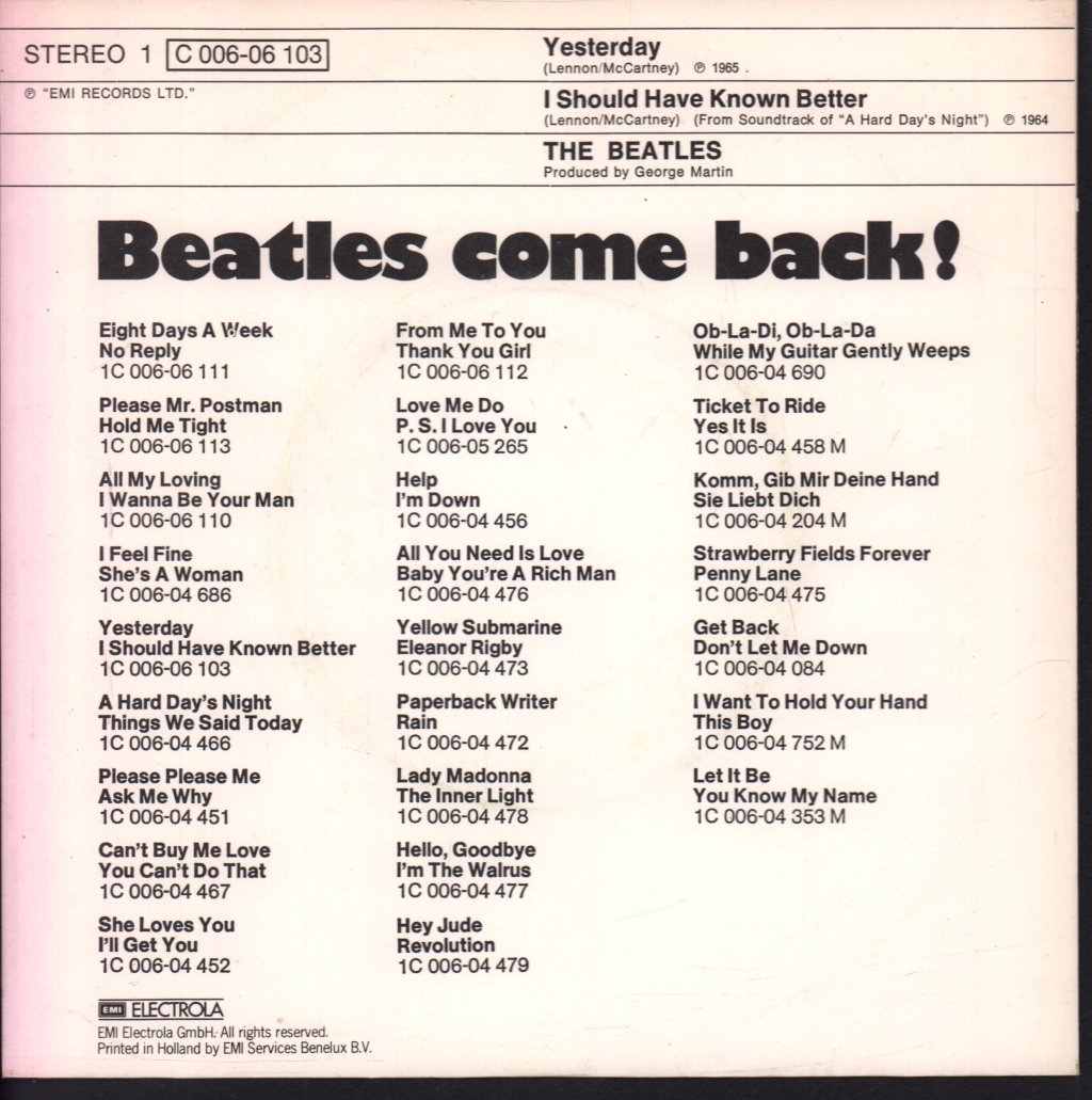 Beatles - Yesterday / I Should Have Known Better - 7 Inch