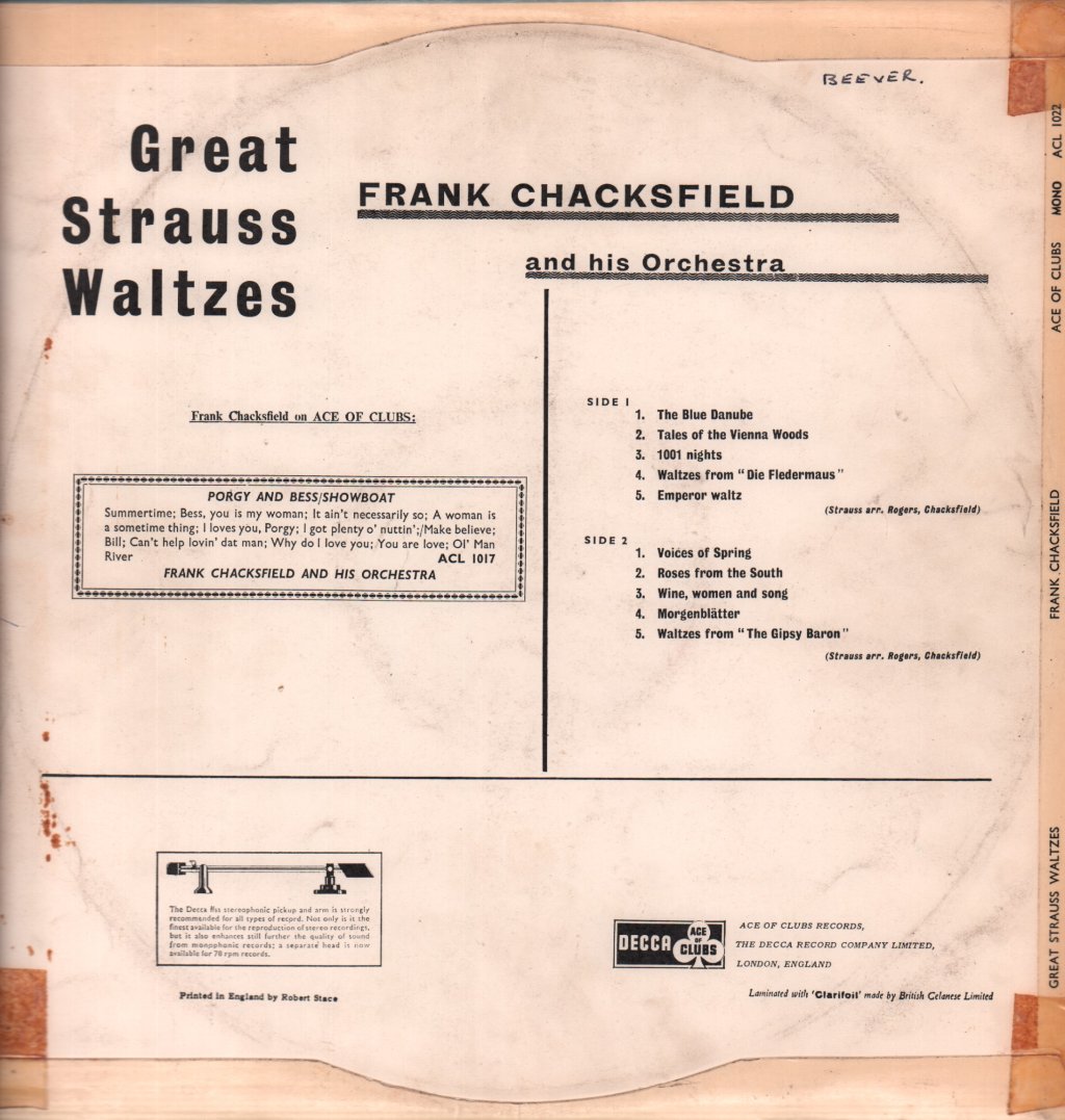 Frank Chacksfield And His Orchestra - Great Strauss Waltzes - Lp
