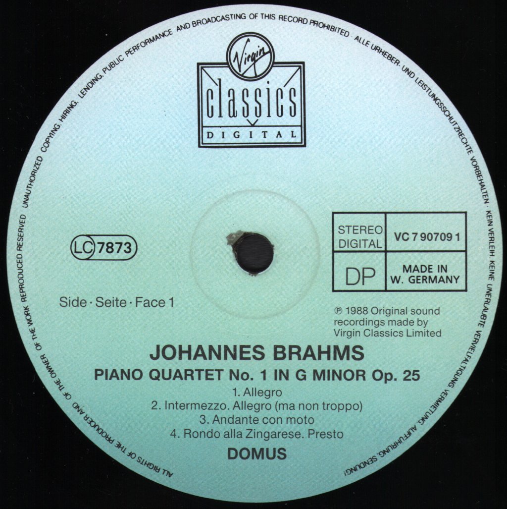 Domus - Brahms - Klavierquartett Nr. 1 G-Moll Op. 25 / Klavierquartett Nr. 3 C-Moll Op. 60 - Lp