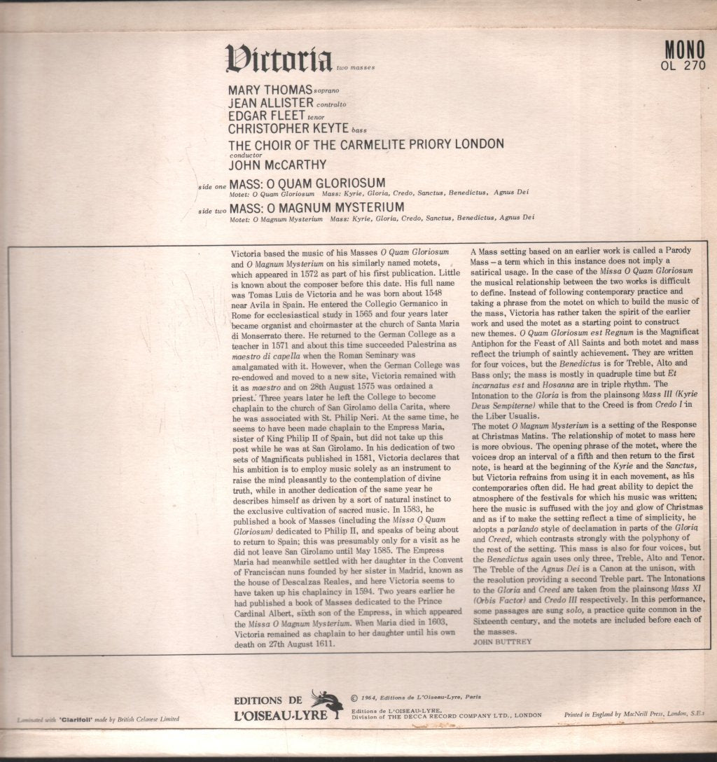 Choir Of The Carmelite Priory London / John McCarthy - Victoria - Two Masses - O Quam Gloriosum / O Magnum Mysterium - Lp