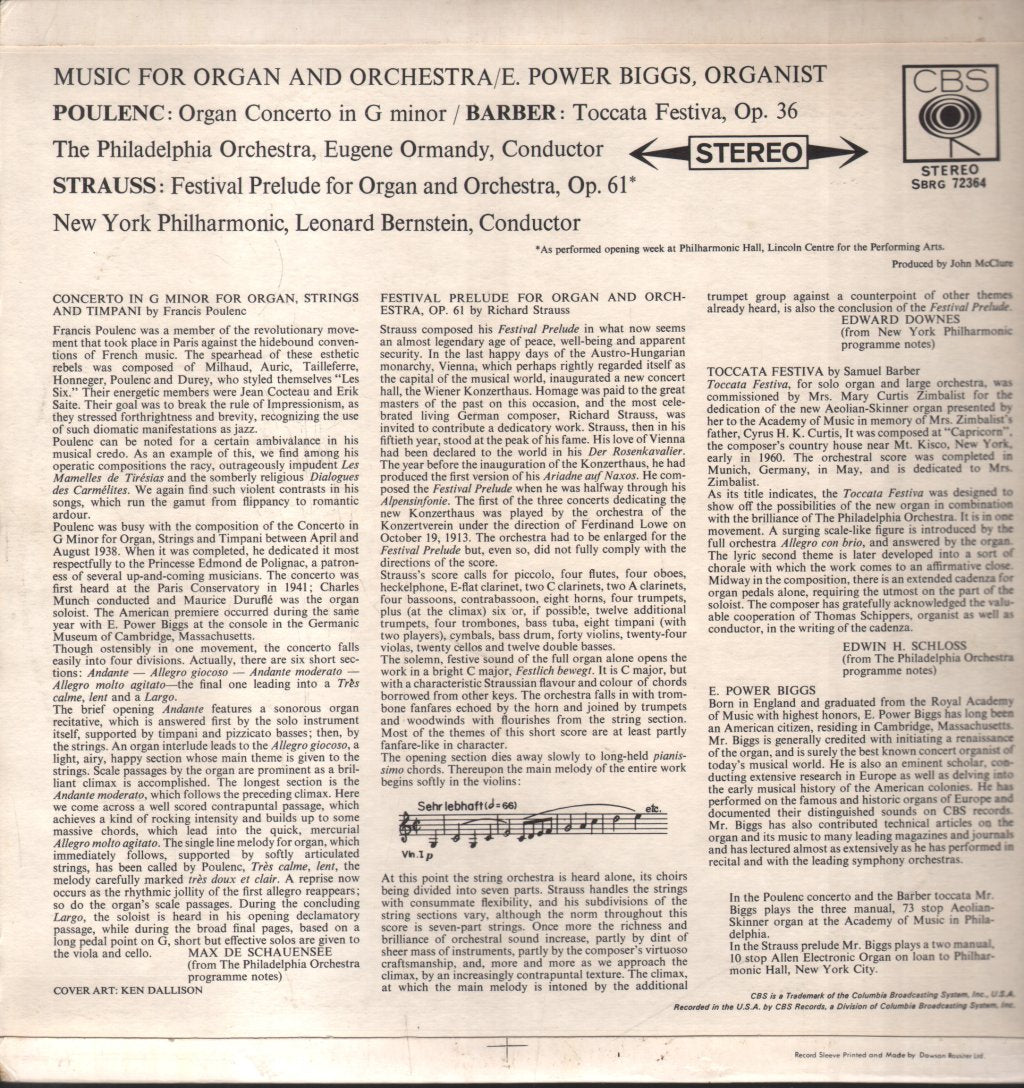 Leonard Bernstein / E. Power Biggs / Eugene Ormandy - Music For Organ And Orchestra - Lp