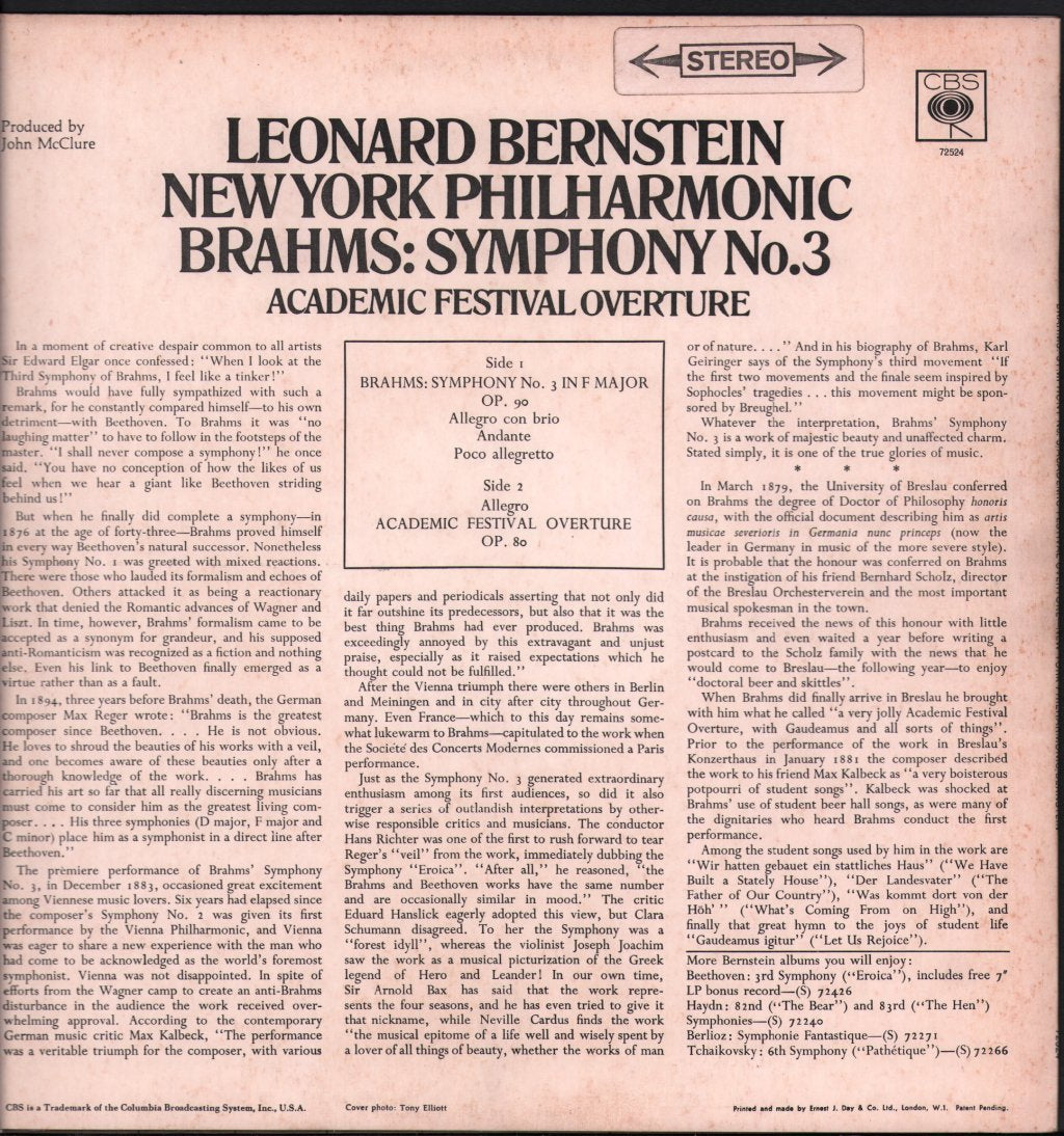 Leonard Bernstein / New York Philharmonic - Brahms - Symphony No. 3 - Lp