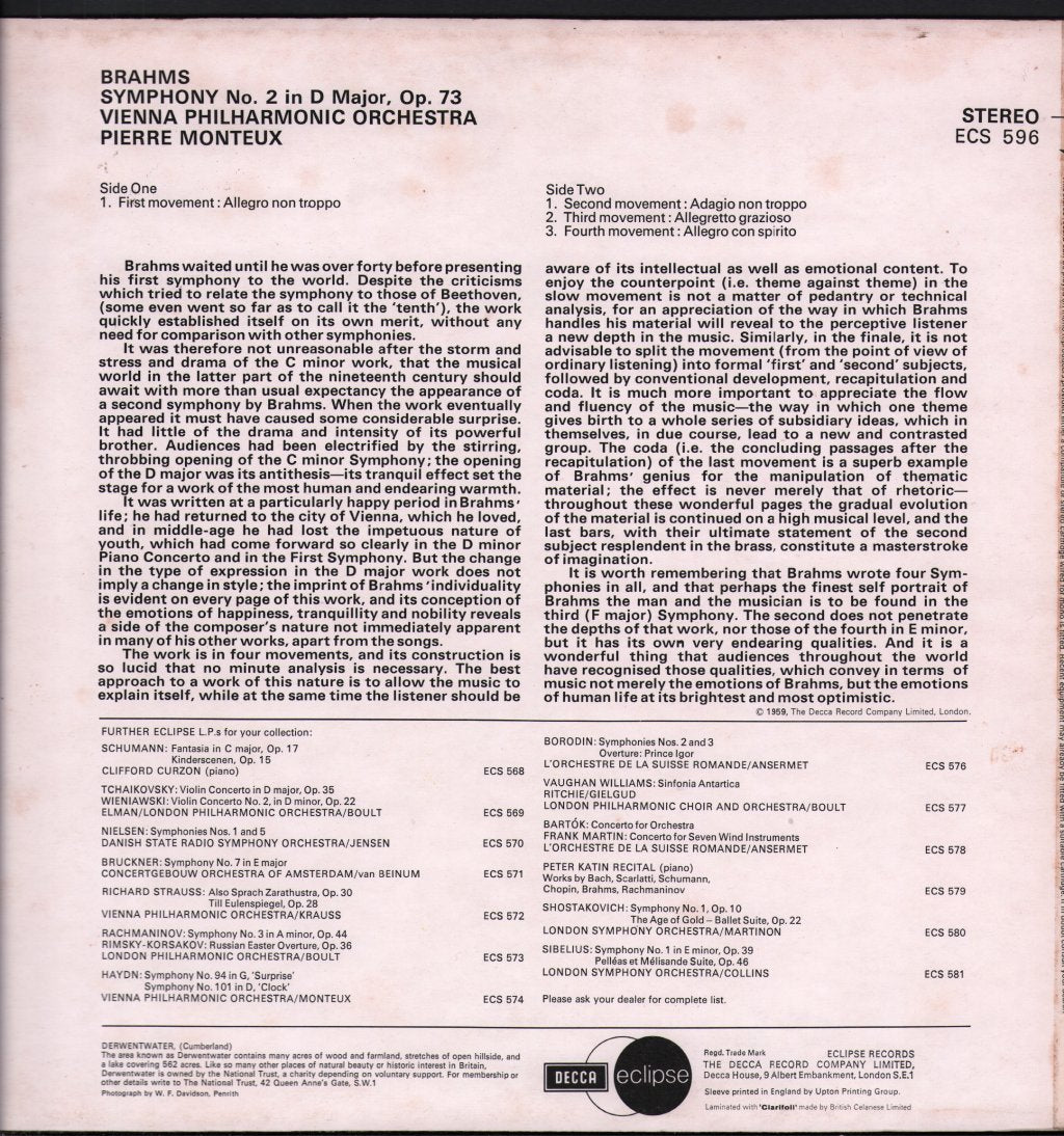 Pierre Monteux / Vienna Philharmonic Orchestra - Brahms - Symphony No. 2 In D, Op, 73 - Lp