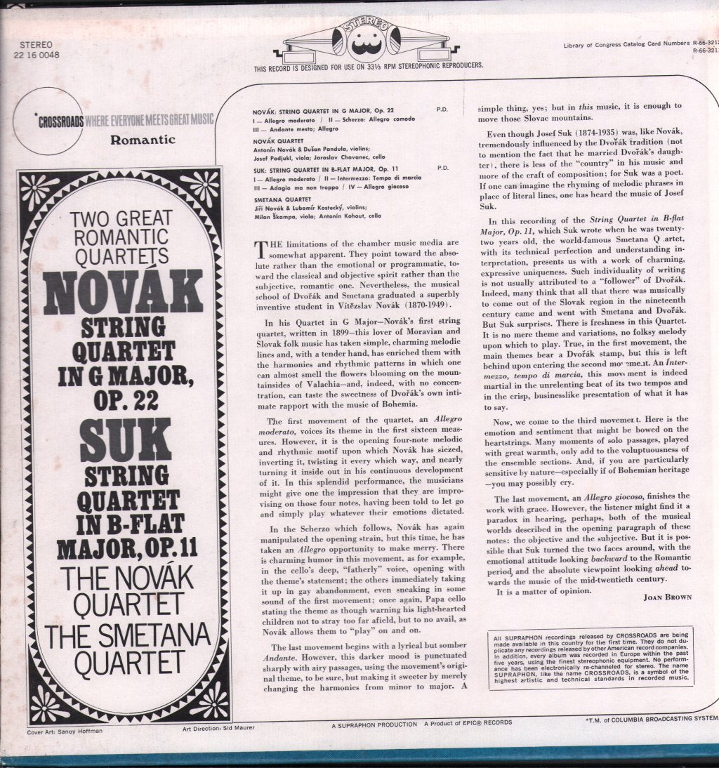 Novak Quartet / Smetana Quartet - Two Great Romantic Quartets - Novak -String Quartet In G Major, Op. 22 / Suk String Quartet In B-Flat Major, Op. 11 - Lp