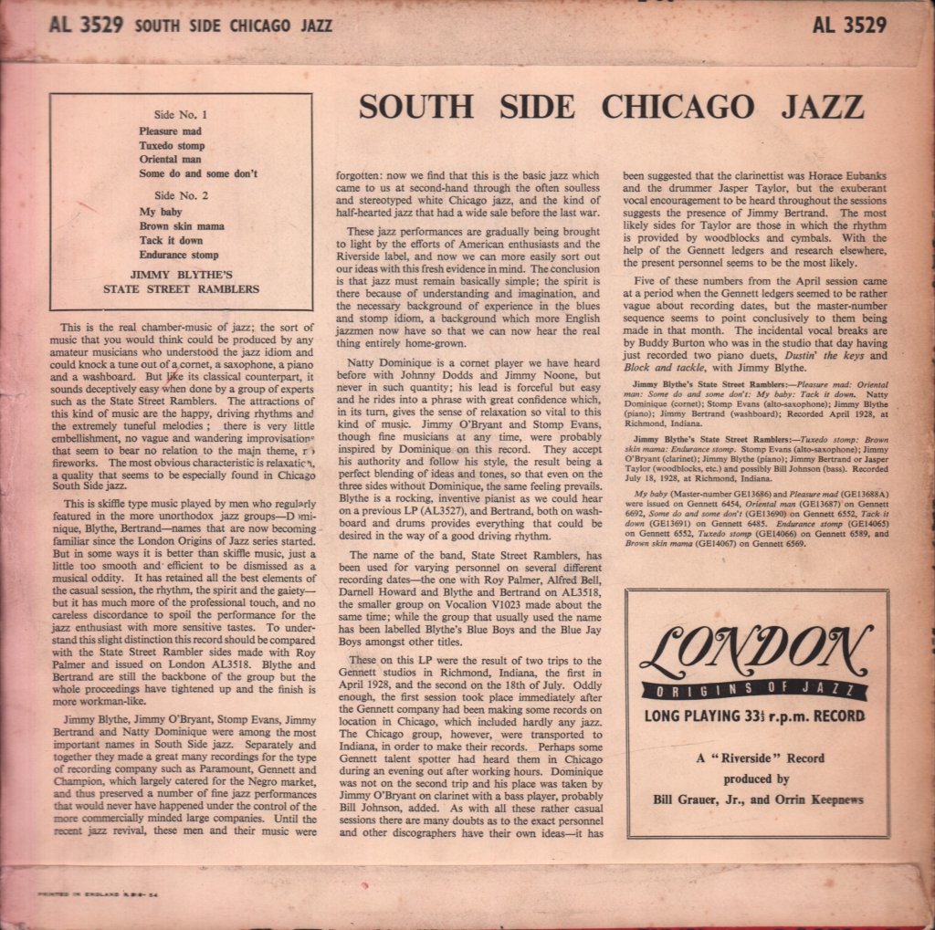 jimmy blythe's state street ramblers - South Side Chicago Jazz - 10 Inch