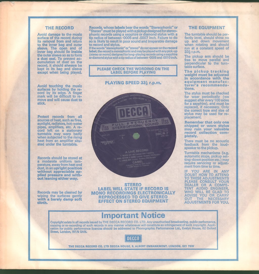 Camel - A Live Record - Double Lp