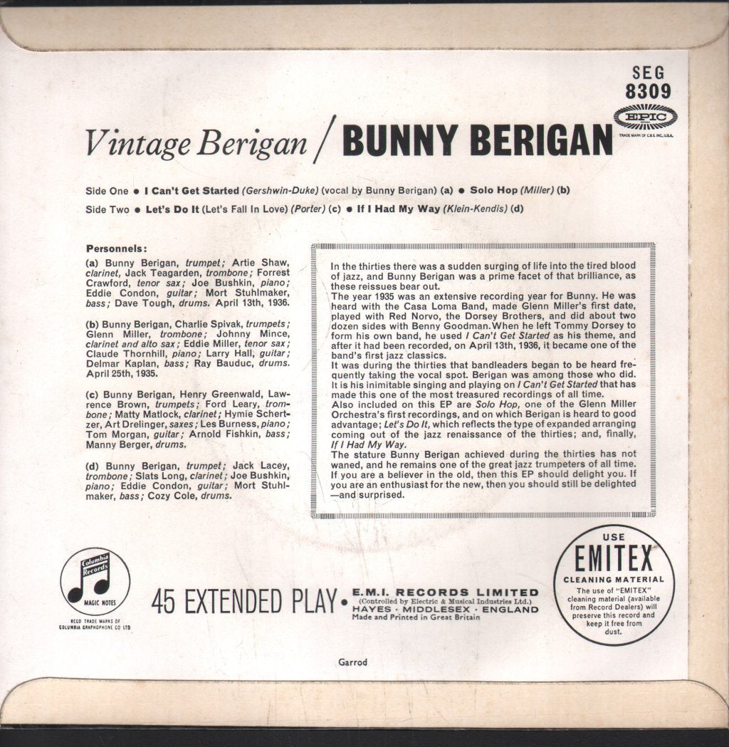 Bunny Berigan - Vintage Berigan - 7 Inch