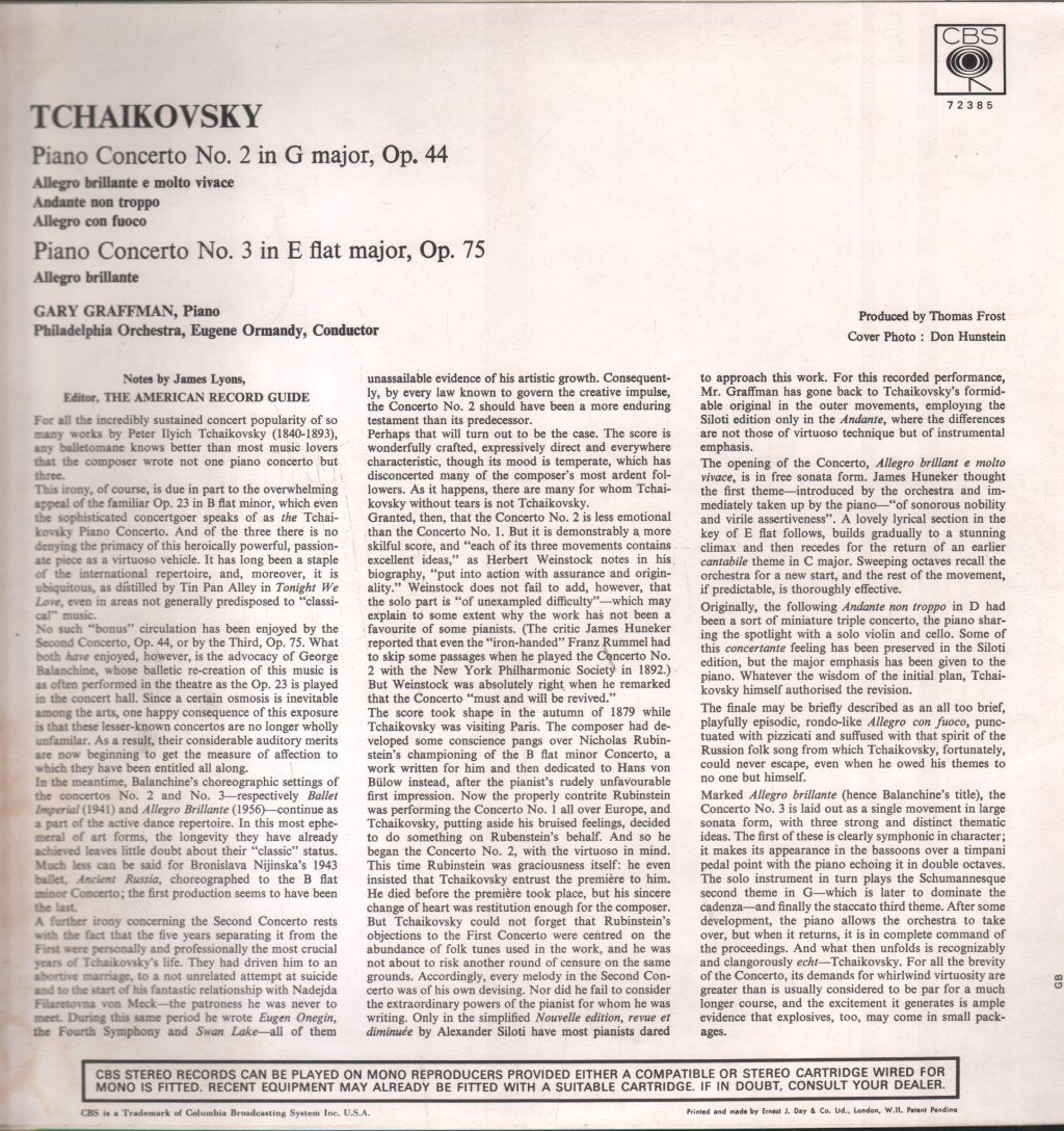 Gary Graffman / Eugene Ormandy / Philadelphia Orchestra - Tchaikovsky - Piano Concertos Nos. 2 And 3 - Lp
