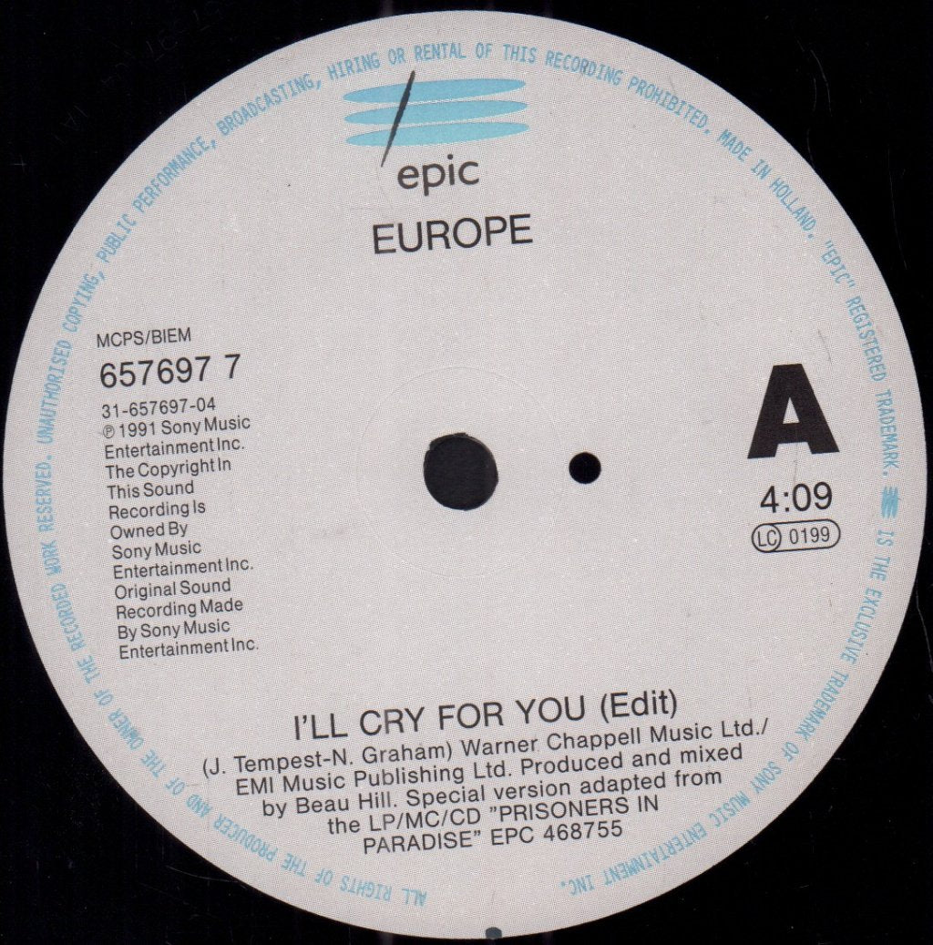 Europe - I'll Cry For You - 7 Inch