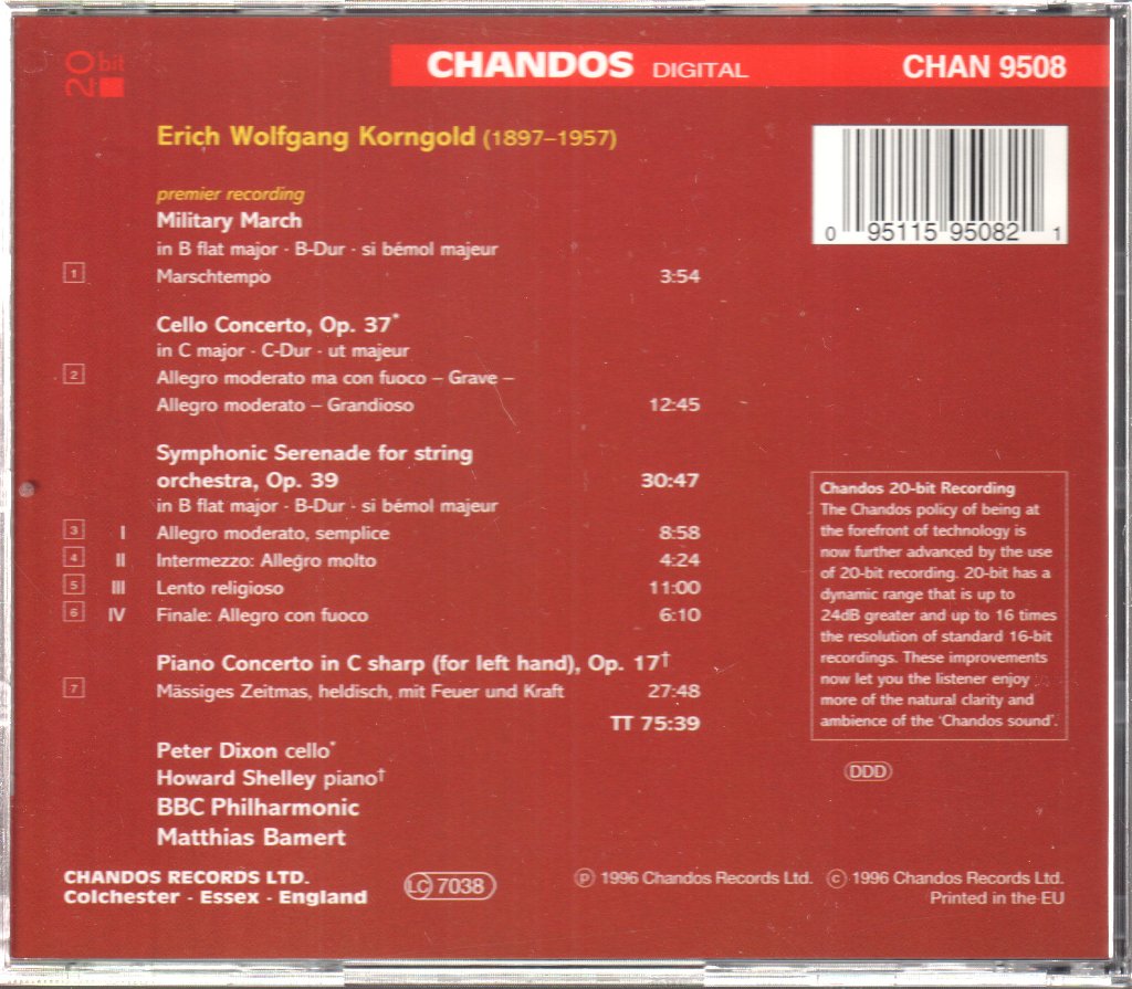 BBC Philharmonic, Matthias Bamert - Korngold - Cello Concerto / Piano Concerto Etc. - Cd