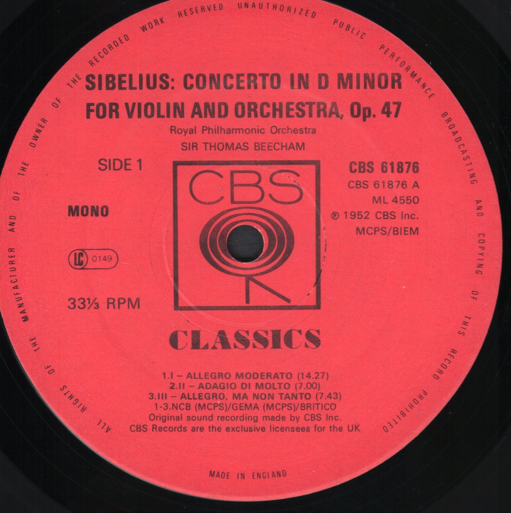 Sir Thomas Beecham / Isaac Stern / Royal Philharmonic Orchestra - Sibelius Violin Concerto / Four Historic Scenes - Lp
