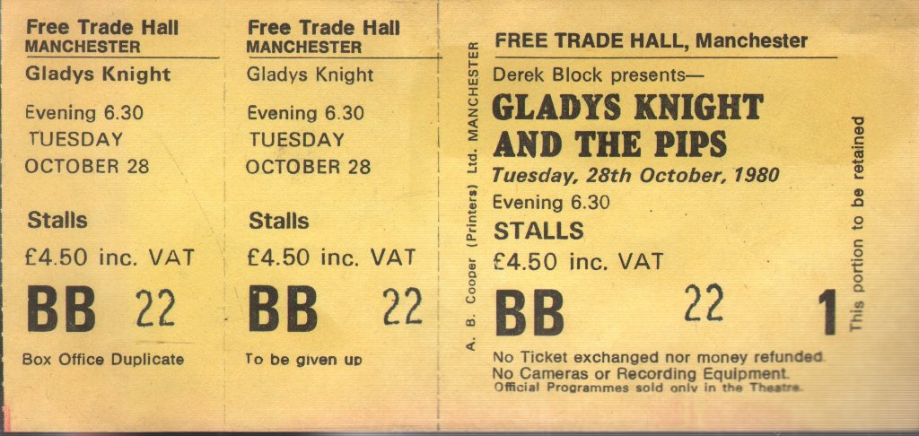 Gladys Knight And The Pips - Free Trade Hall Manchester 28Th Oct 1980 - Ticket