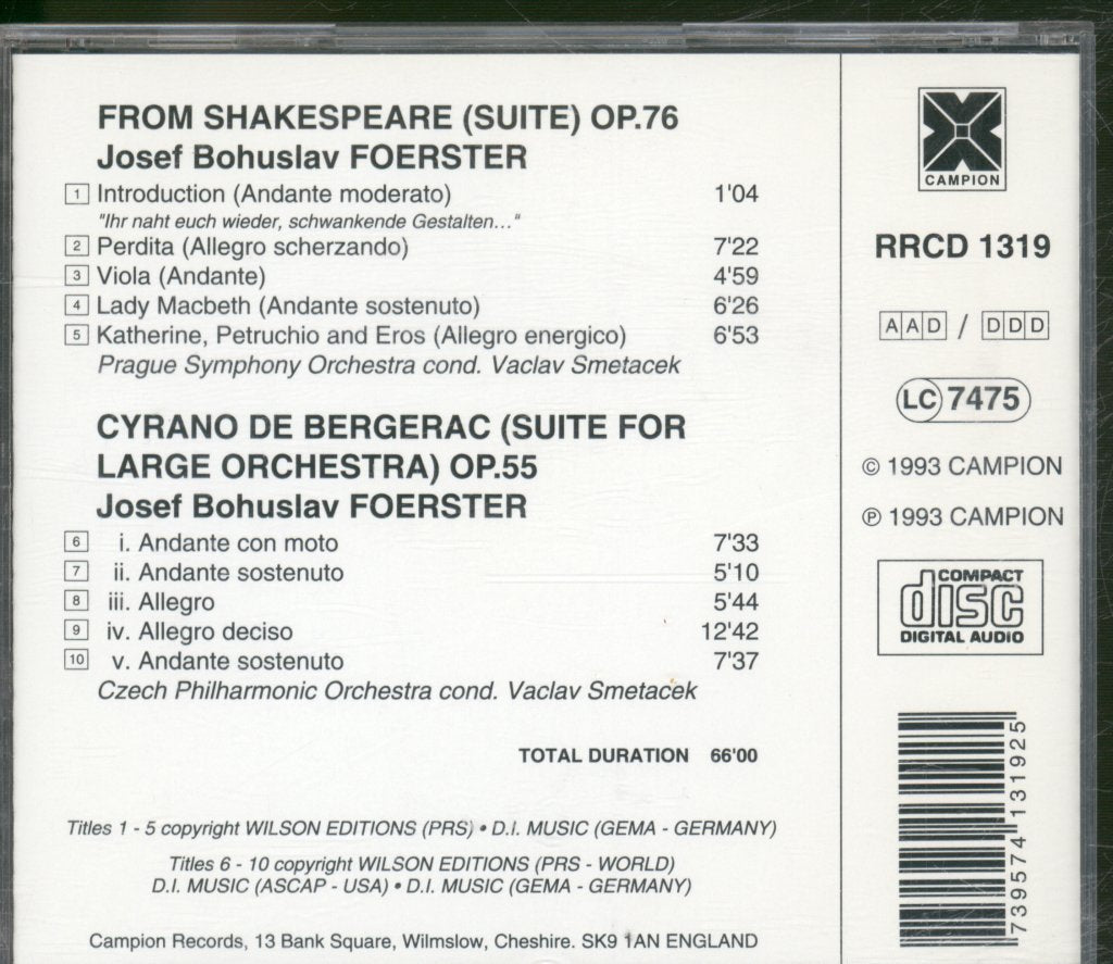 Czech Philharmonic Orchestra, Václav Smetáček - Josef Bohuslav Foerster- Cyrano De Bergerac / Shakespeare Suite - Cd