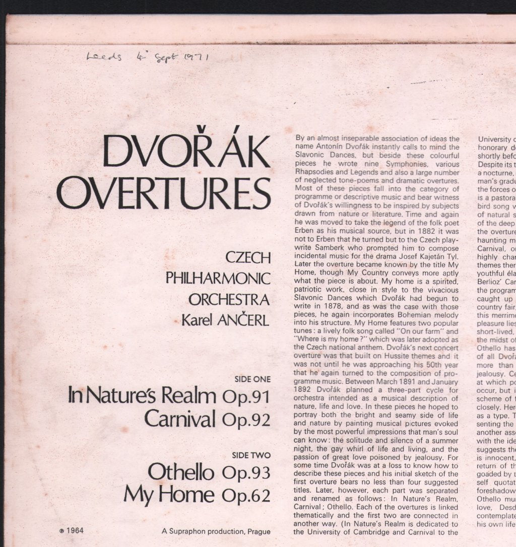 Karel Ancerl / Czech Philharmonic Orchestra - Dvorak Overtures - Othello, My Home, In Nature's Realm, Carnival Overture - Lp