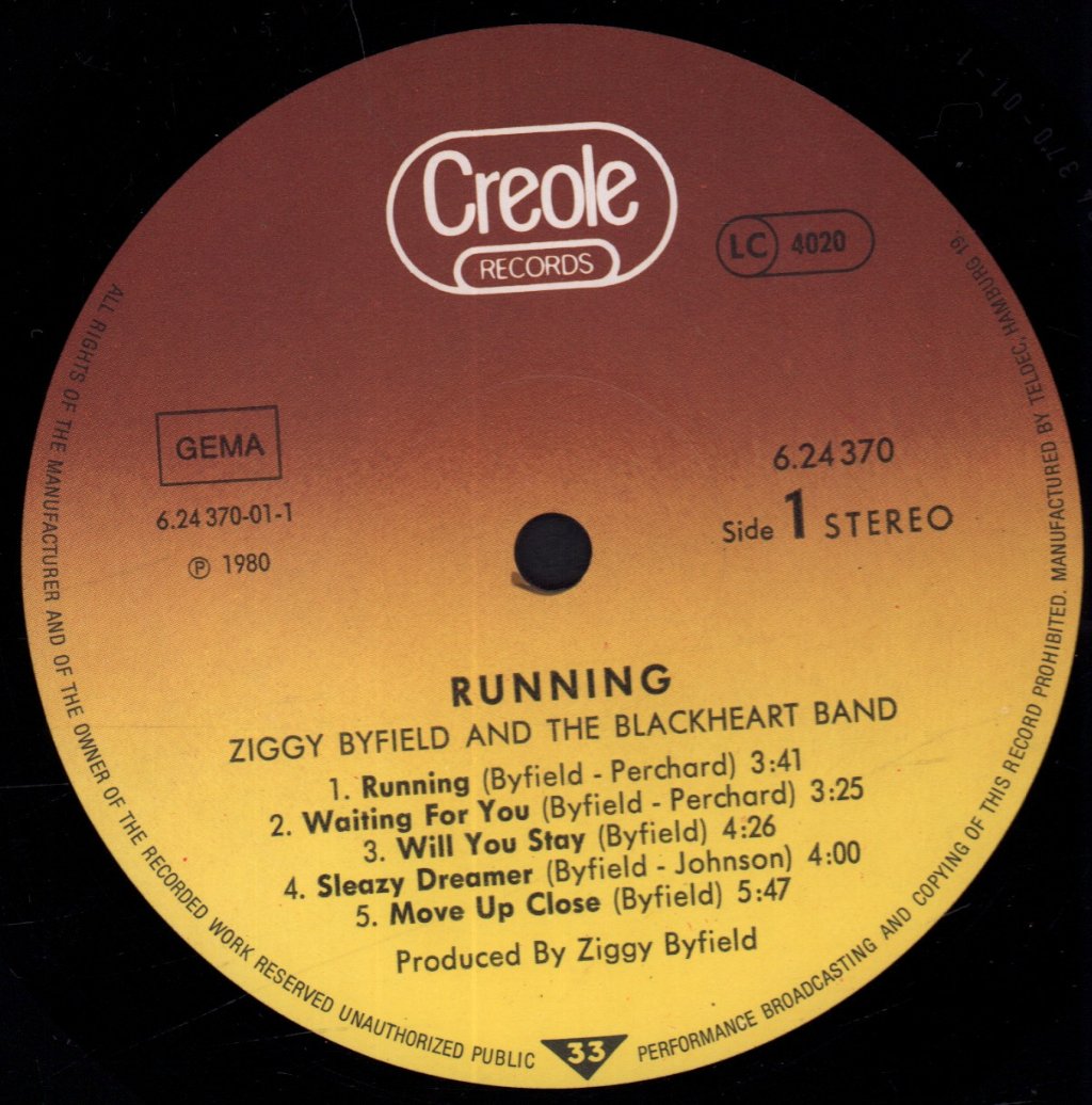 Ziggy Byfield And The Blackheart Band - Running - Lp