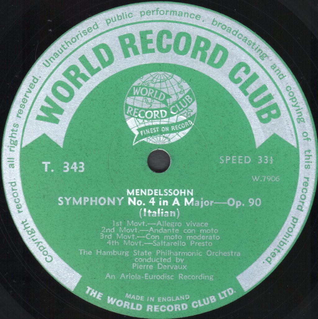 Hamburg State Philharmonic Orchestra / Pierre Dervaux - Mendelssohn - A Midsummer Night's Dream / Symphony No.4 [Italian] - Lp