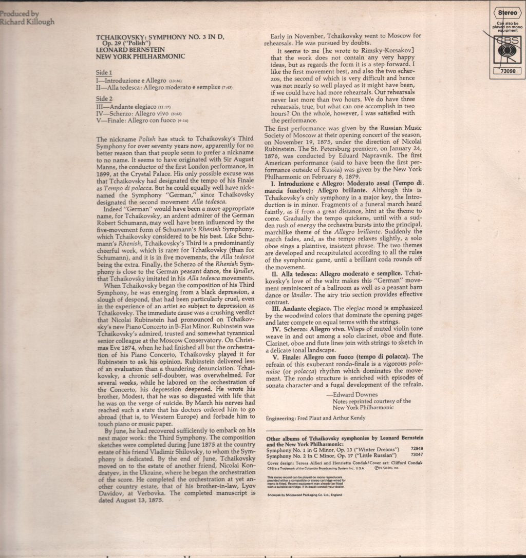Leonard Bernstein / New York Philharmonic - Tchaikovsky - Symphony No.3 ("Polish") - Lp