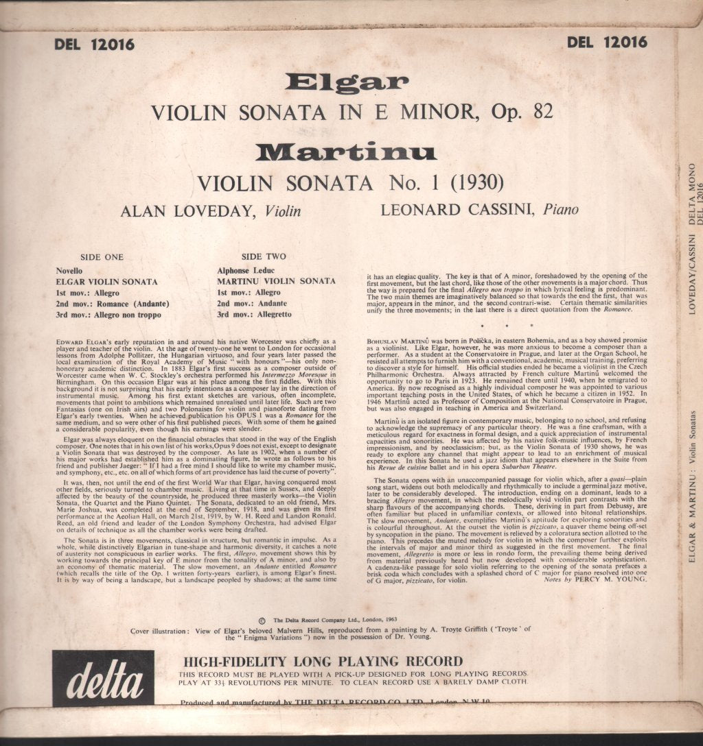 Alan Loveday / Leonard Cassini - Edward Elgar - Violin Sonata / Martinu - Violin Sonata - Lp