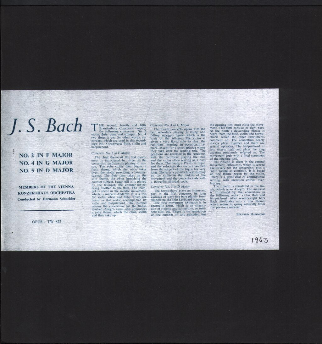 Members of the Vienna Konzerthaus Orchestra / Hermann Schneider - J.S. Bach - Brandenburg Concertos No. 2 In F Major / No. 4 In G Major / No. 5 In D Major - Lp