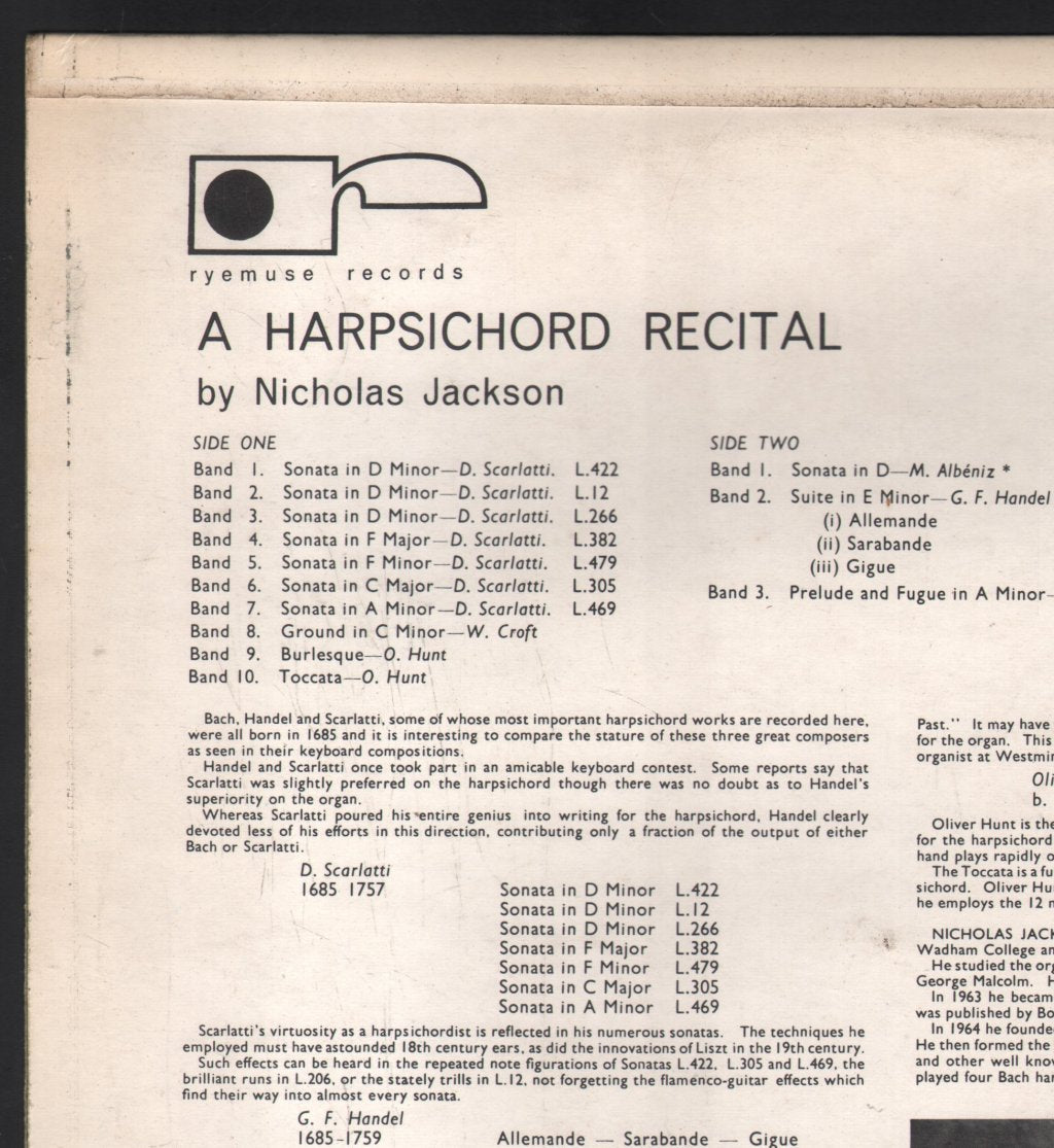 Nicholas Jackson - A Harpsichord Recital - Lp