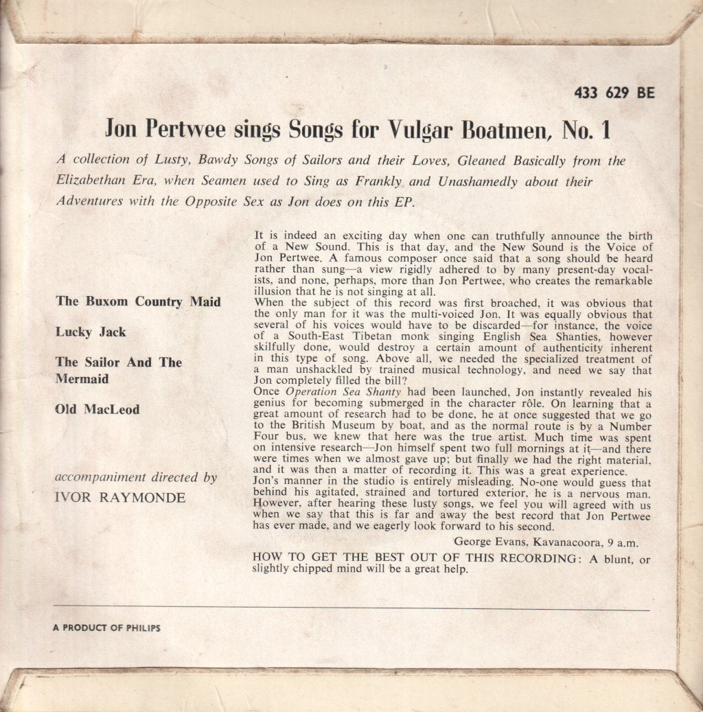 Jon Pertwee - Sings Songs For Vulgar Boatmen No. 1 - 7 Inch