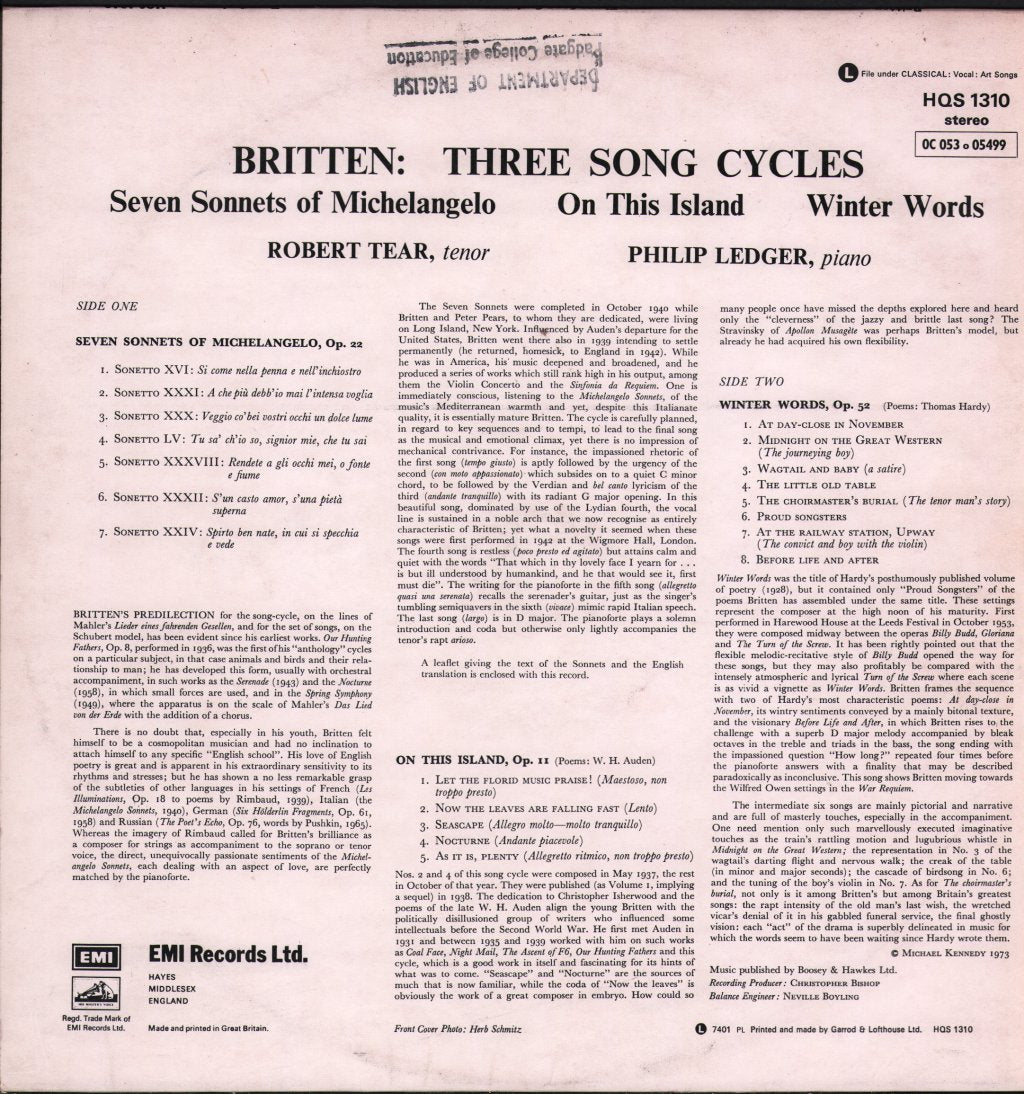 Robert Tear And Philip Ledger - Britten Three Song Cycles - Lp