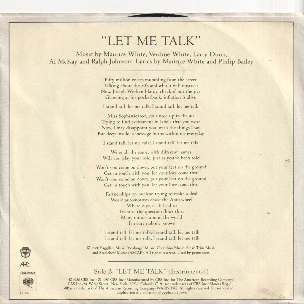 Earth Wind And Fire - Let Me Talk - 7 Inch