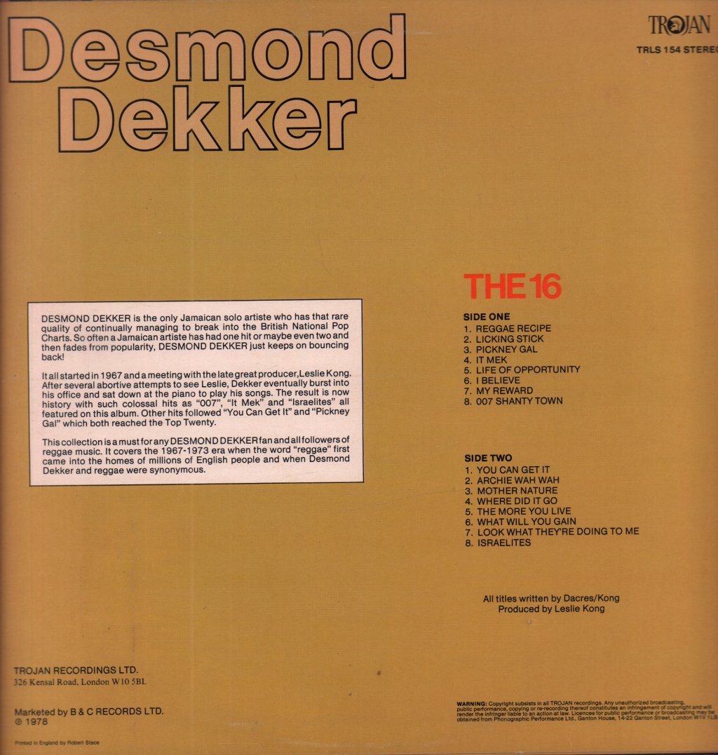 Desmond Dekker - Dekker's Sweet Sixteen Hits - Lp