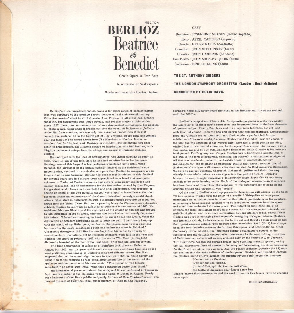 April Cantelo / Josephine Veasey / Helen Watts / Colin Davis / London Symphony Orchestra - Berlioz - Beatrice Et Benedict - Double Lp