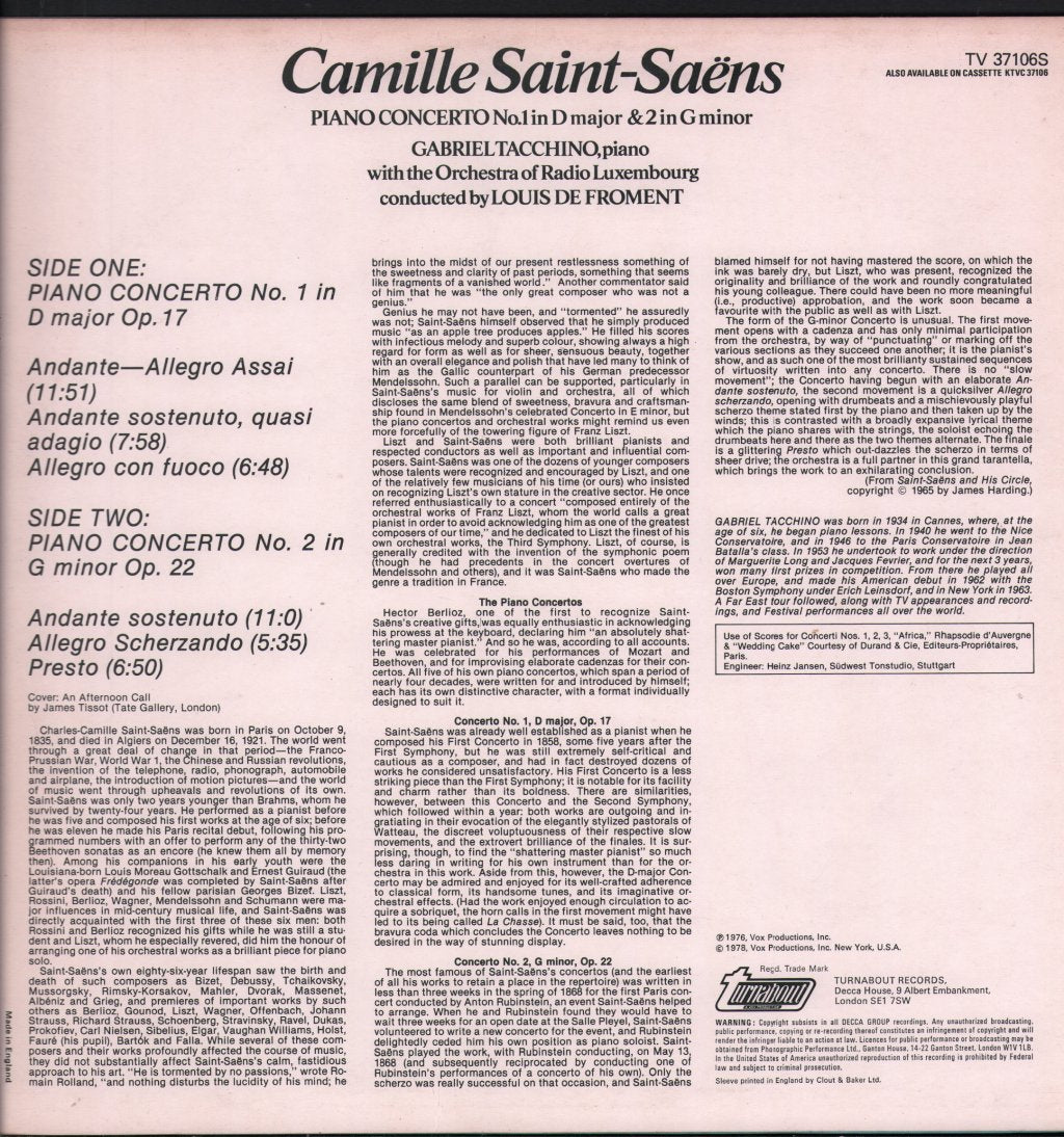 Gabriel Tacchino - Saint-Saens - Piano Concertos No. 1&2 - Lp