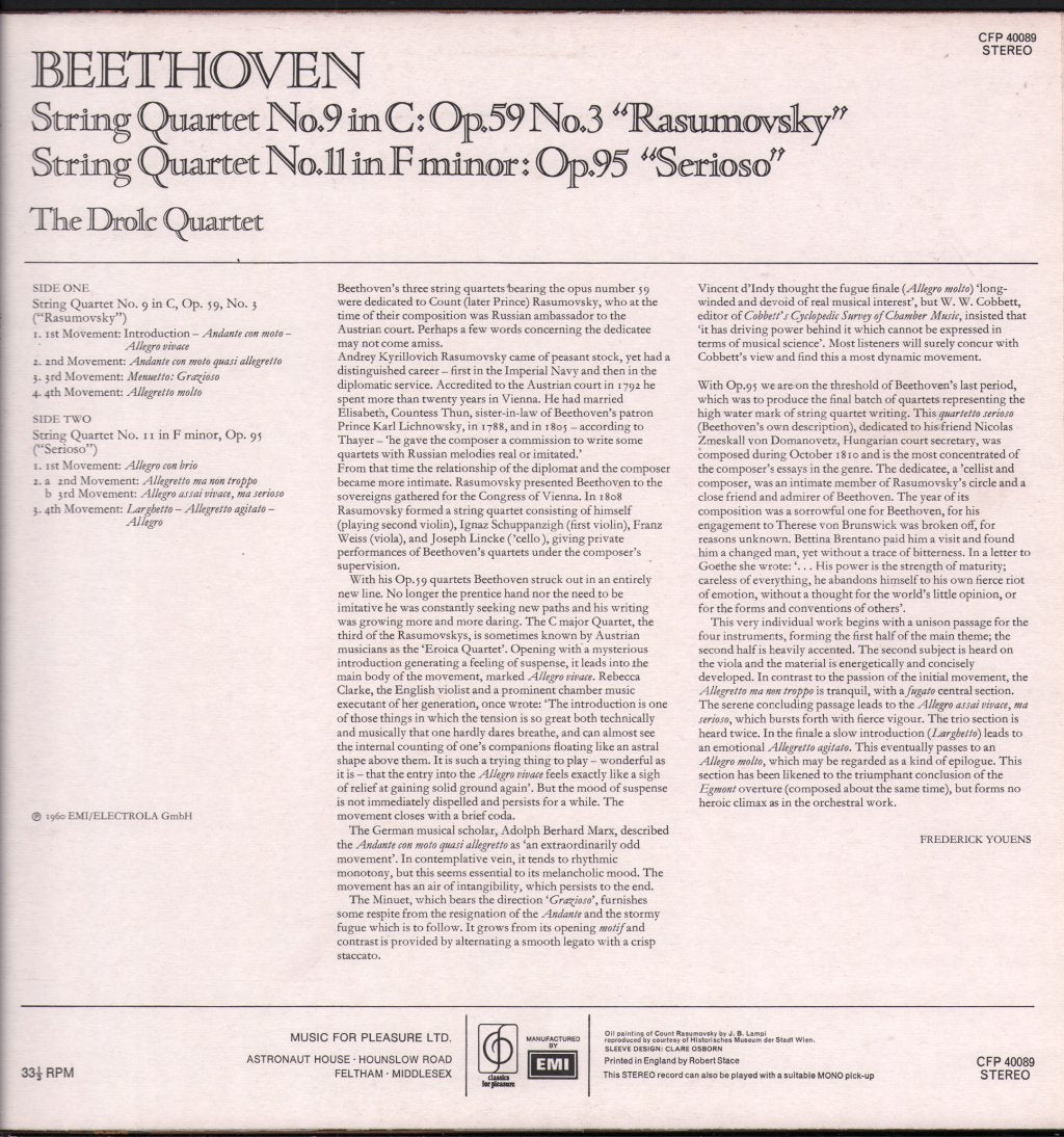 Drolc Quartett - Beethoven - String Quartets No.9 In C (Opus 59, No.3) / No. 11 In F Minor (Opus 95 "Serioso") - Lp