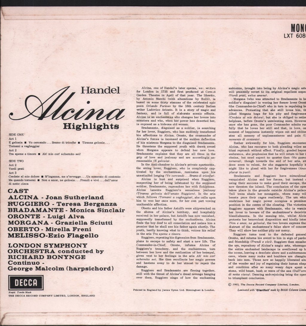 Joan Sutherland / Teresa Berganza / Richard Bonynge / London Symphony Orchestra - Handel - Alcina Highlights - Lp