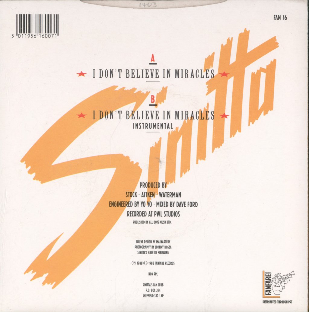 Sinitta - I Don't Believe In Miracles - 7 Inch