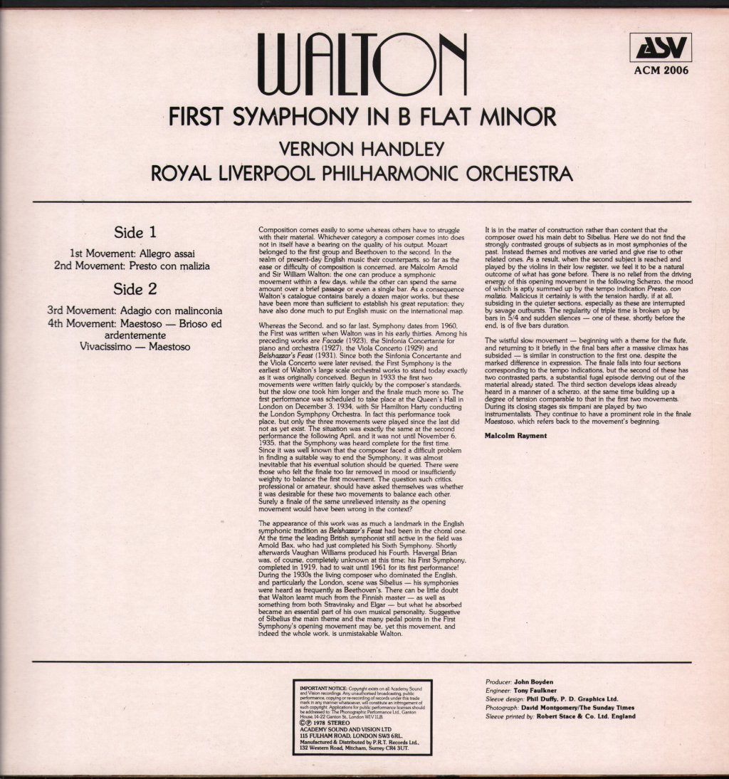 Vernon Handley / Royal Liverpool Philharmonic Orchestra - Walton - First Symphony In B Flat Minor - Lp