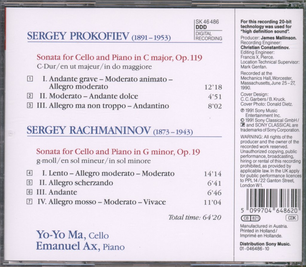 Emanuel Ax, Yo Yo Ma - Prokofiev / Rachmaninov - Sonatas For Cello And Piano - Cd
