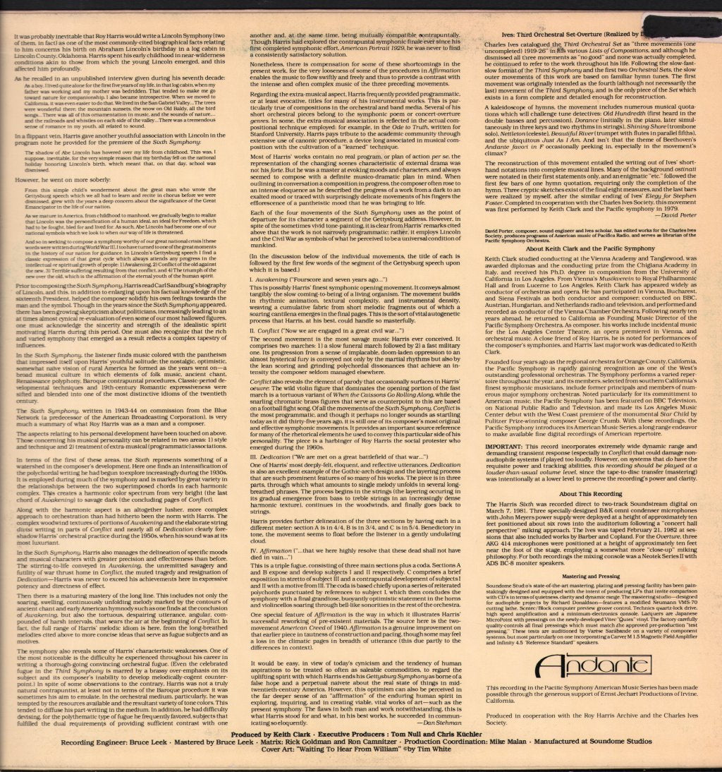 Pacific Symphony Orchestra / Keith Clark - Harris - Symphony No.6 Gettysburg / Ives - Overture From The Third Orchestral Set - Lp