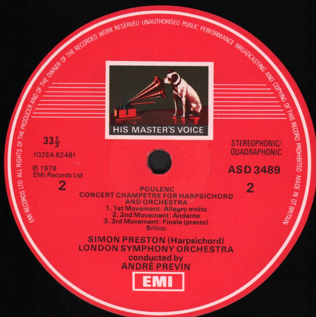 Simon Preston / Andre Previn / London Symphony Orchestra - Poulenc - Concerto For Organ, Strings & Timpani / Concert Champêtre For Harpsichord & Orchestra - Lp