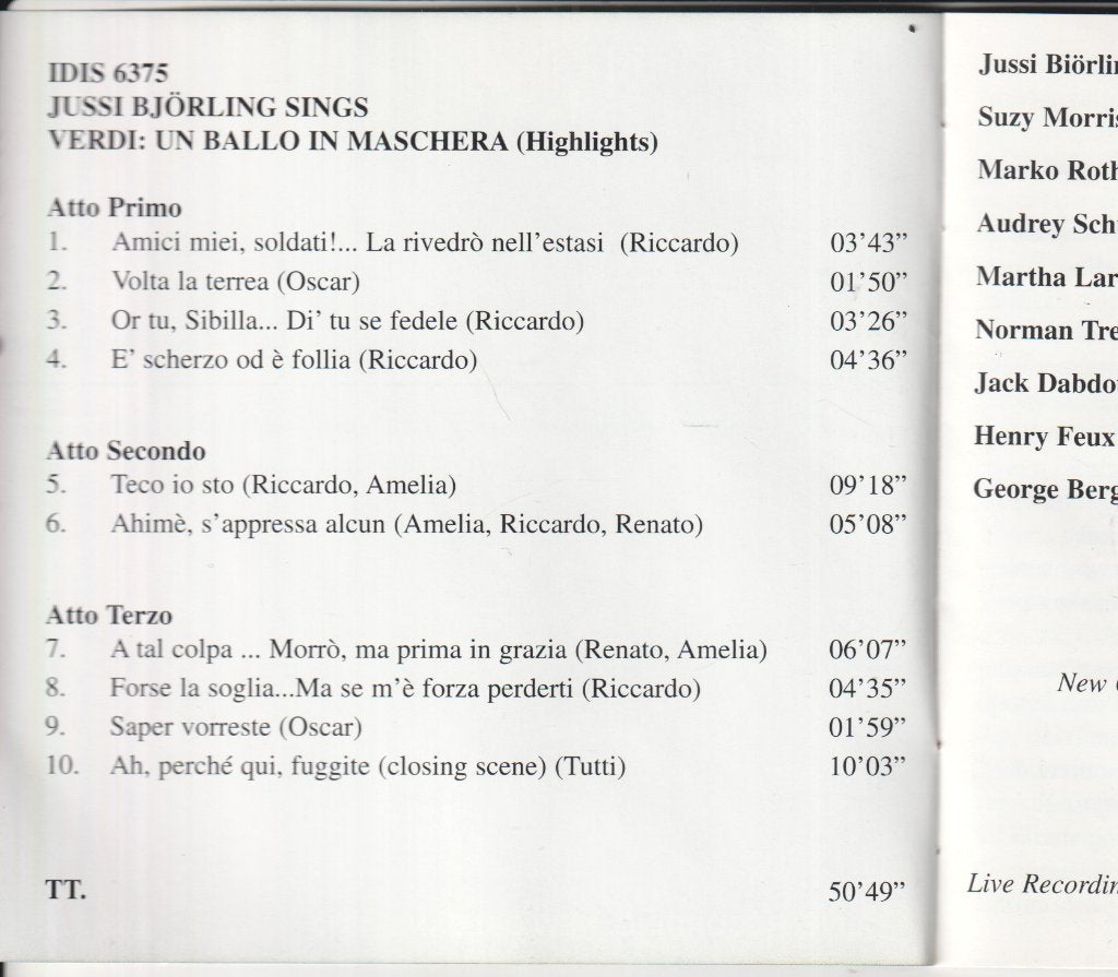 Jussi Björling - Sings Verdi  Un Ballo in maschera Highlights - Cd