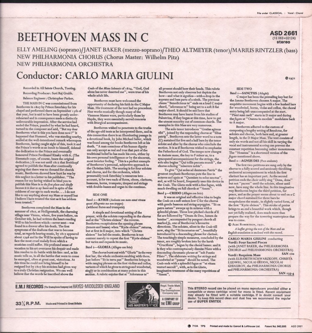Elly Ameling / Janet Baker / Theo Altmeyer / Carlo Maria Giulini / New Philharmonia - Beethoven - Mass In C - Lp