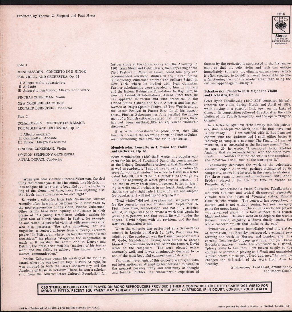 Pinchas Zukerman / Leonard Bernstein / Antal Dorati - Mendelssohn Violin Concerto / Tchaikovsky Violin - Lp