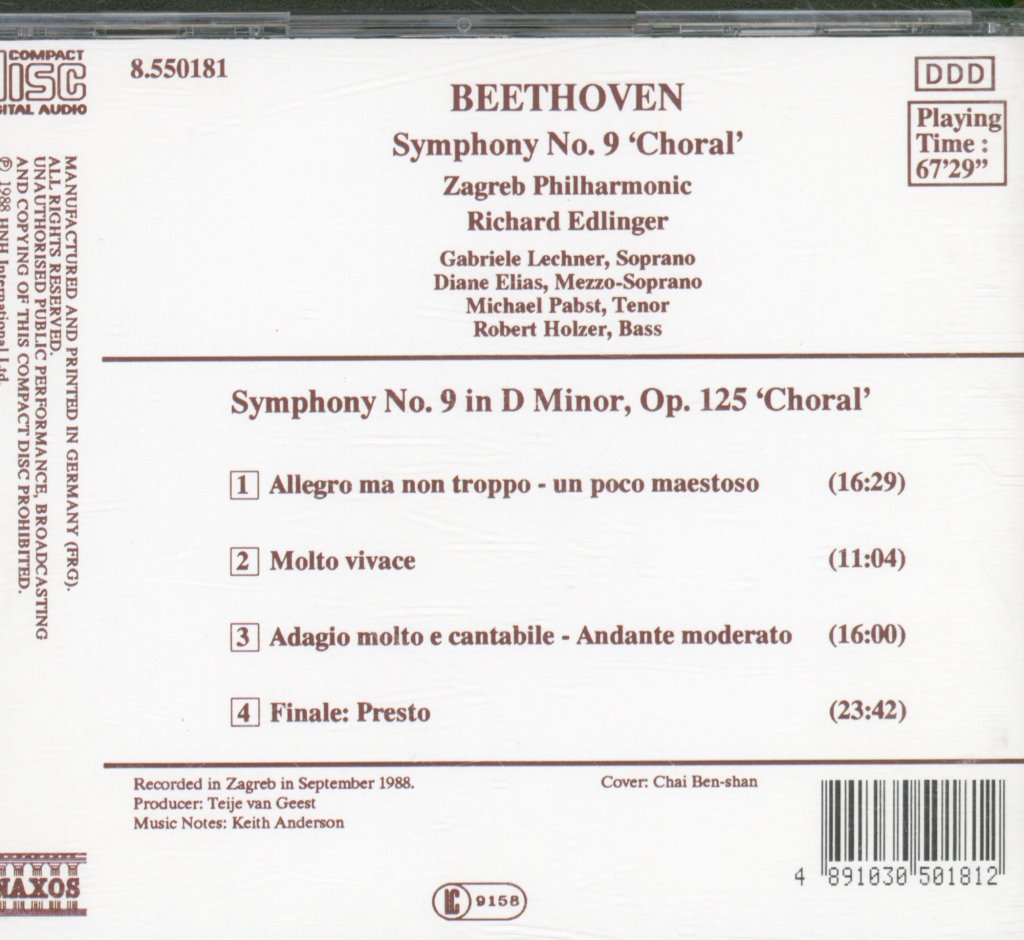 Zagreb Philharmonic / Richard Edlinger - Beethoven - Symphony No. 9 'Choral' - Cd