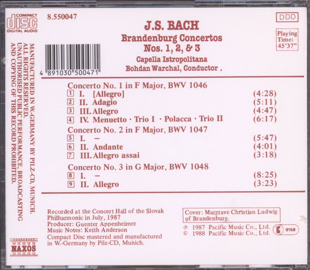 Capella Istropolitana, Bohdan Warchal - Bach - Brandenburg Concertos Nos. 1, 2 & 3 - Cd