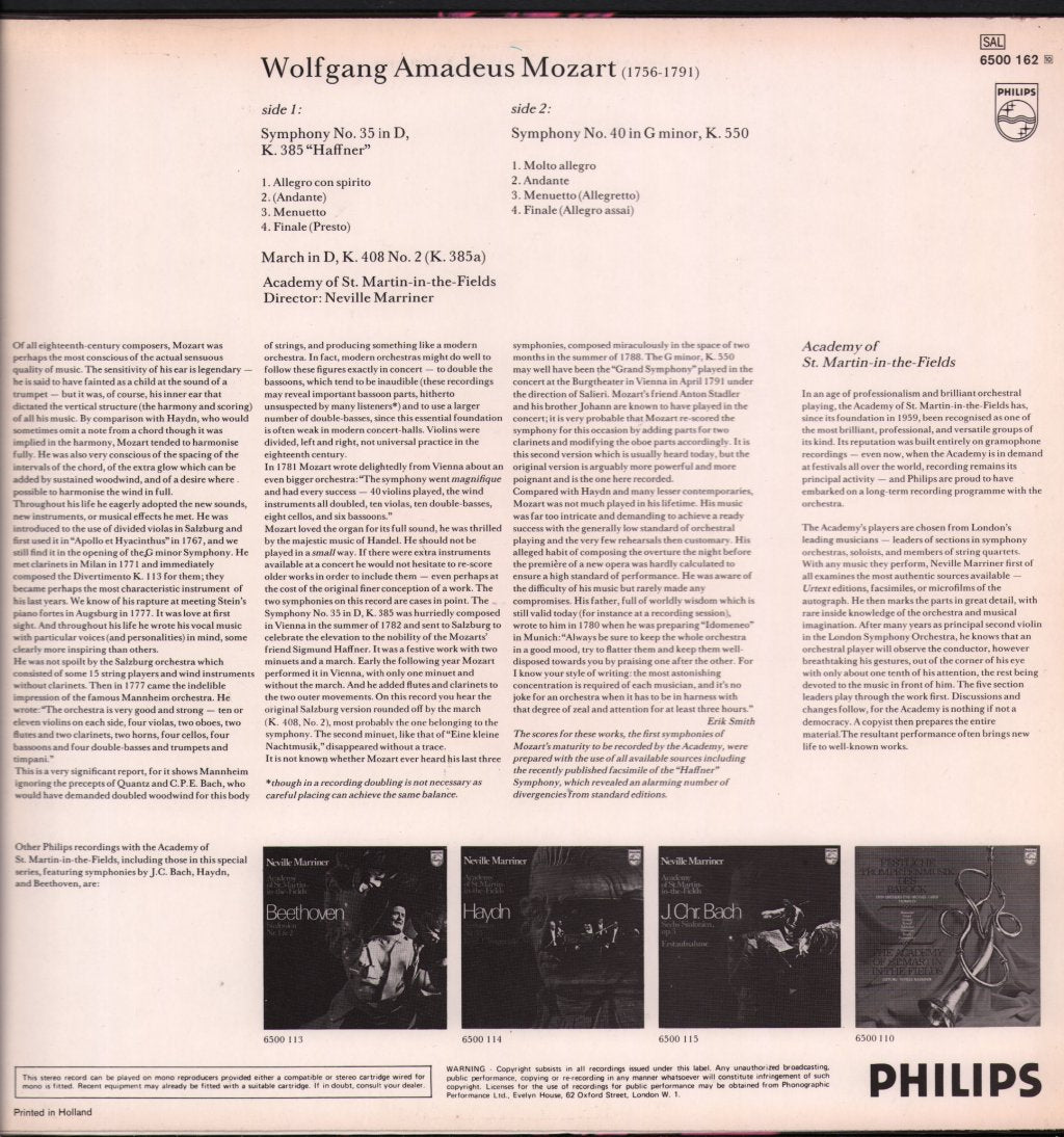 Neville Marriner / Academy Of St. Martin In The Fields - Mozart - Symphonies Nos. 35 "Haffner" & 40, March, K. 408 No. 2 - Lp
