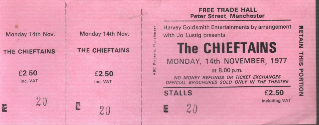 Chieftains - Free Trade Hall Manchester 14Th Nov 1977 - Ticket