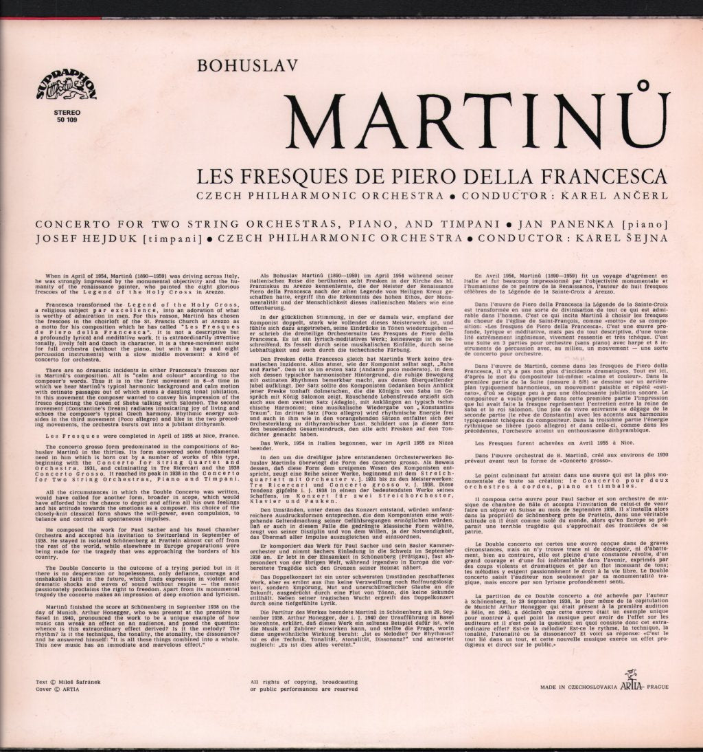 Karel Ancerl / Jan Panenka / Karel Sejna / Czech Philharmonic Orchestra - Martinu - Les Fresques De Piero Della Francesca - Lp