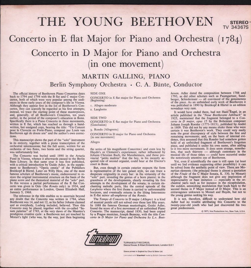 Martin Galling / Berlin Symphony Orchestra / C.A. Bunte - Young Beethoven - Lp