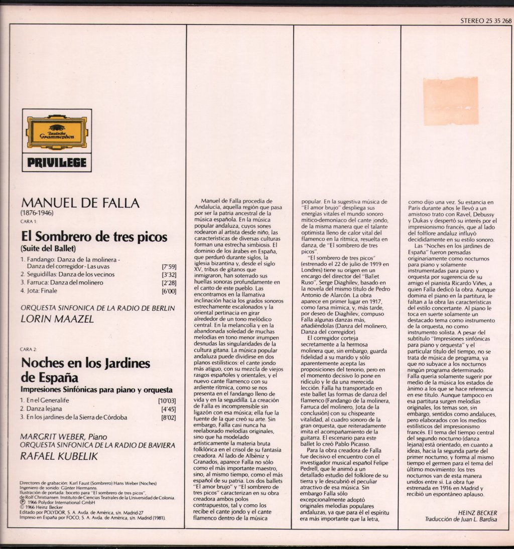 Lorin Maazel / Margrit Weber / Rafael Kubelik - Manuel De Falla - El Sombrero De Tres Picos: Danzas / Noches En Los Jardines De España - Lp
